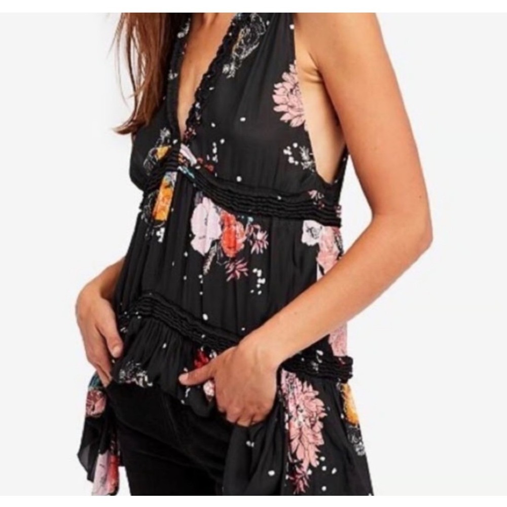 Free People Haze Black Floral Tunic Top XS Mini Dress Coverup Boho Country